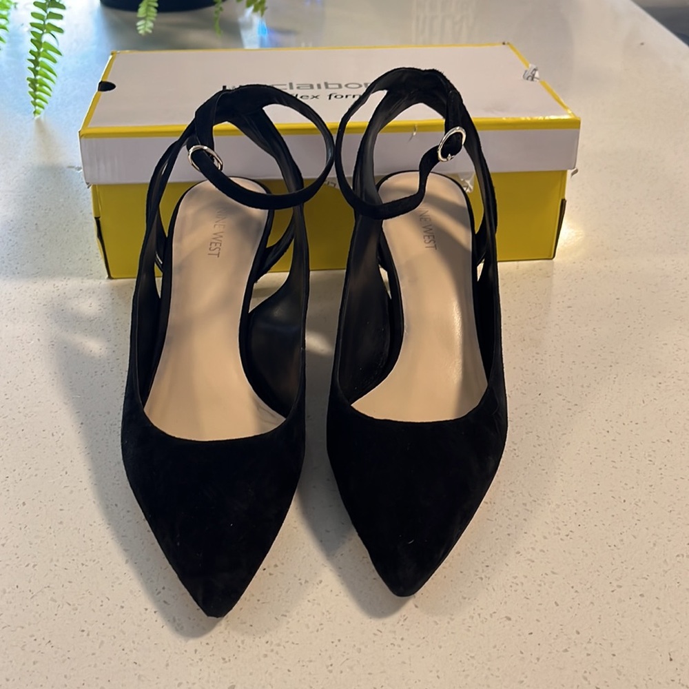 In good condition - used black faux suede Nine West heeled shoes, size 11. - Picture 2 of 7